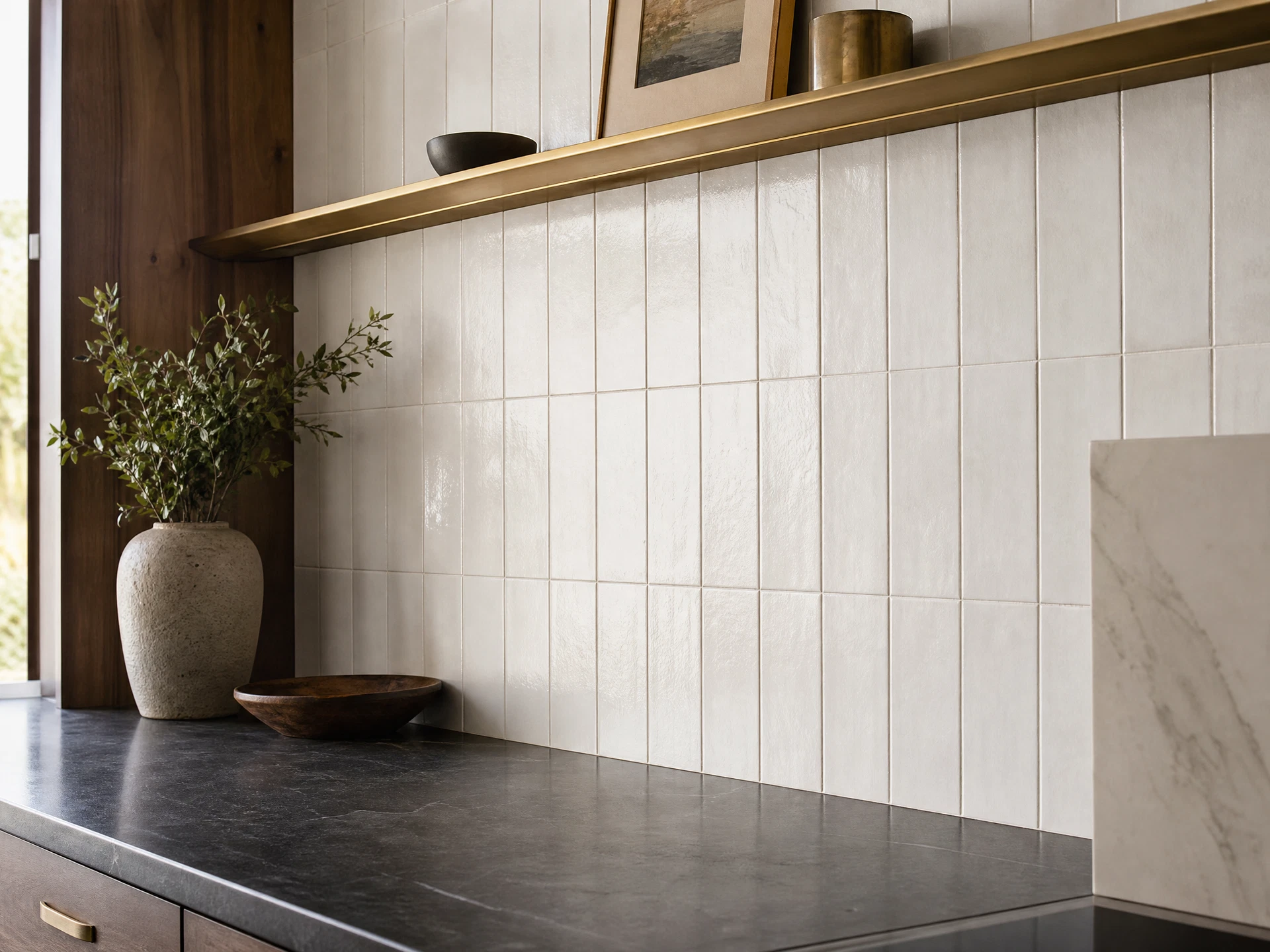 Illustrative placeholder image of a clean white ceramic tile kitchen backsplash