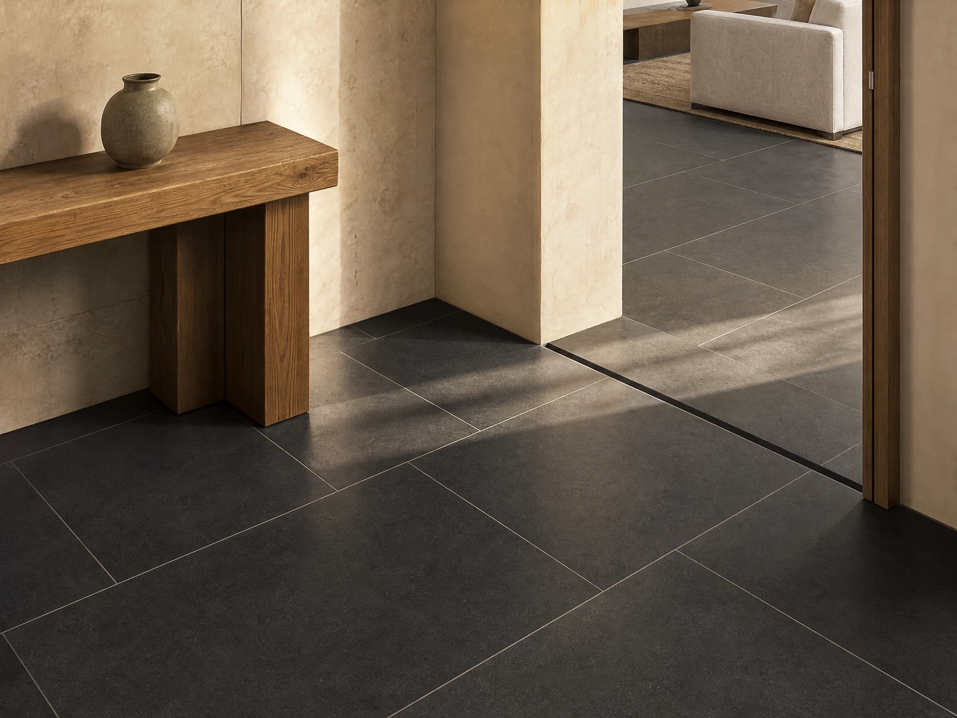Illustrative placeholder image of an entry with dark large-format floor tile