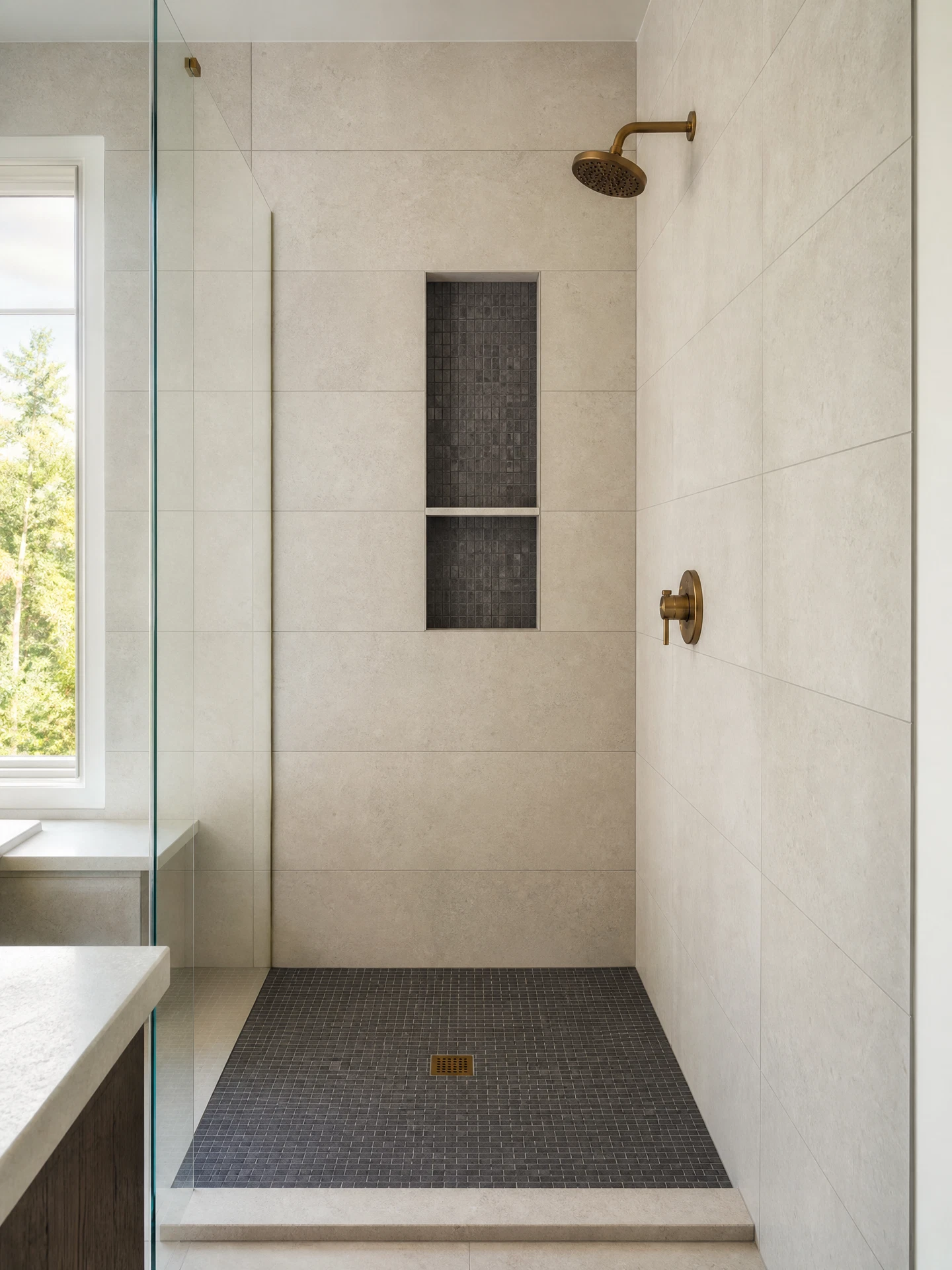 Illustrative placeholder image of a limestone-color tiled walk-in shower